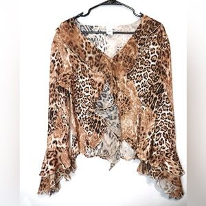 Cache Vintage Y2K Leopard Animal Print Ruffle Blouse Size Medium